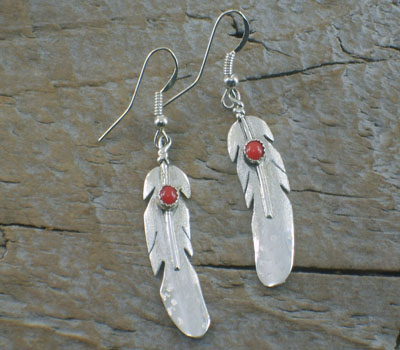 Native American Silver Feather Earrings & Coral